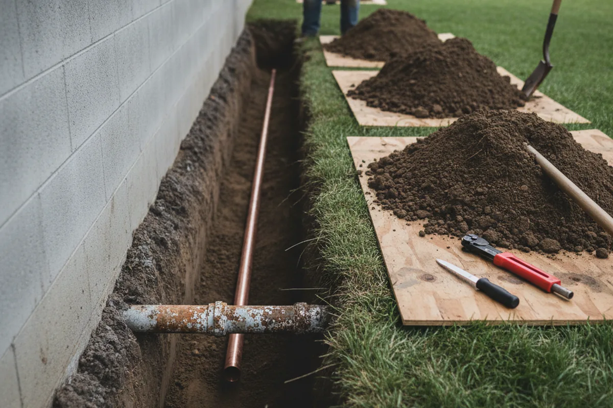 Excavated water line trench during Sewer Line Repair in Harbert
